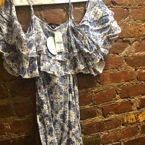 Off the shoulder white and blue mini dress